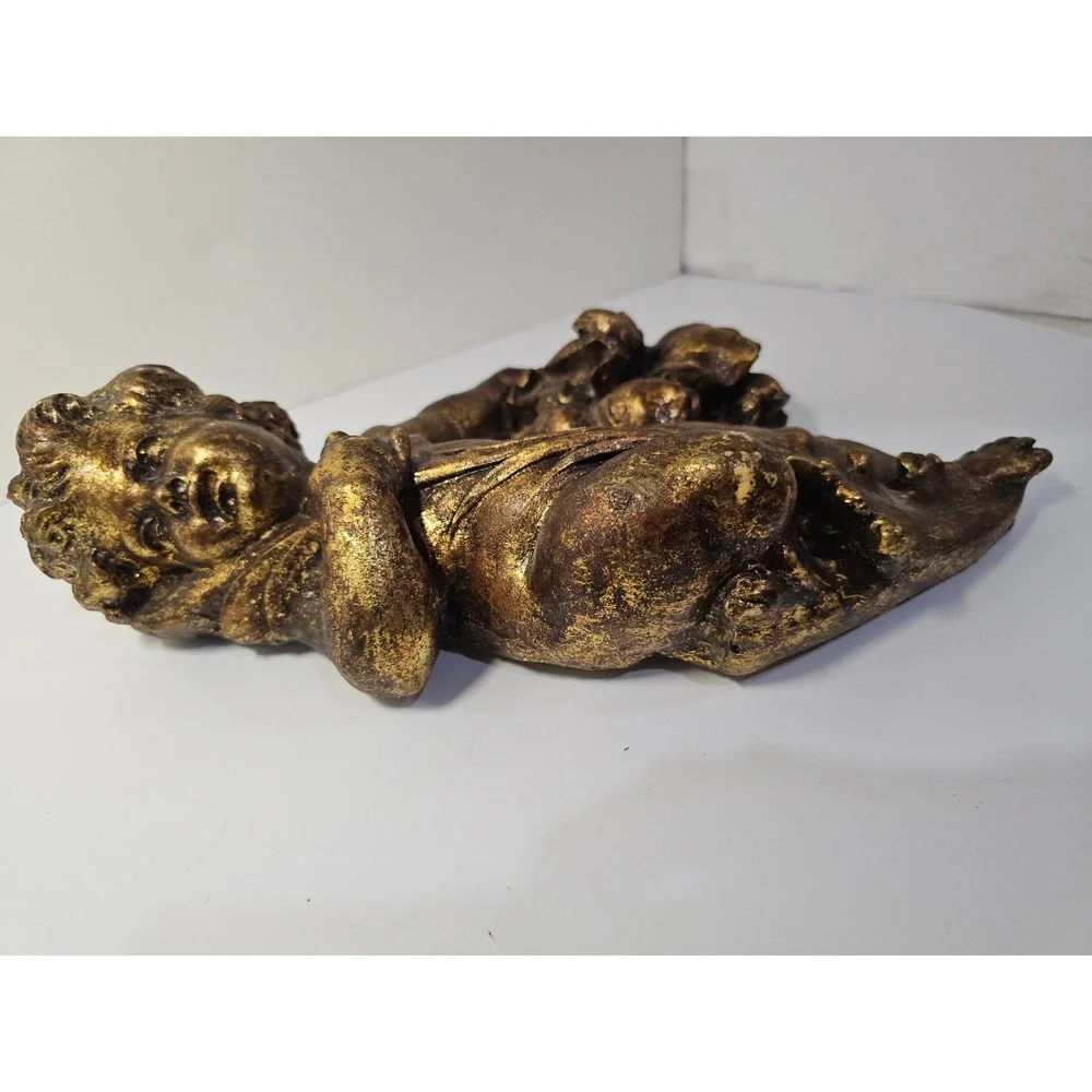 Vintage Gold Cherub Wall Plaque Angel Putto Relief Sculpture 12 Inch Gilded Art